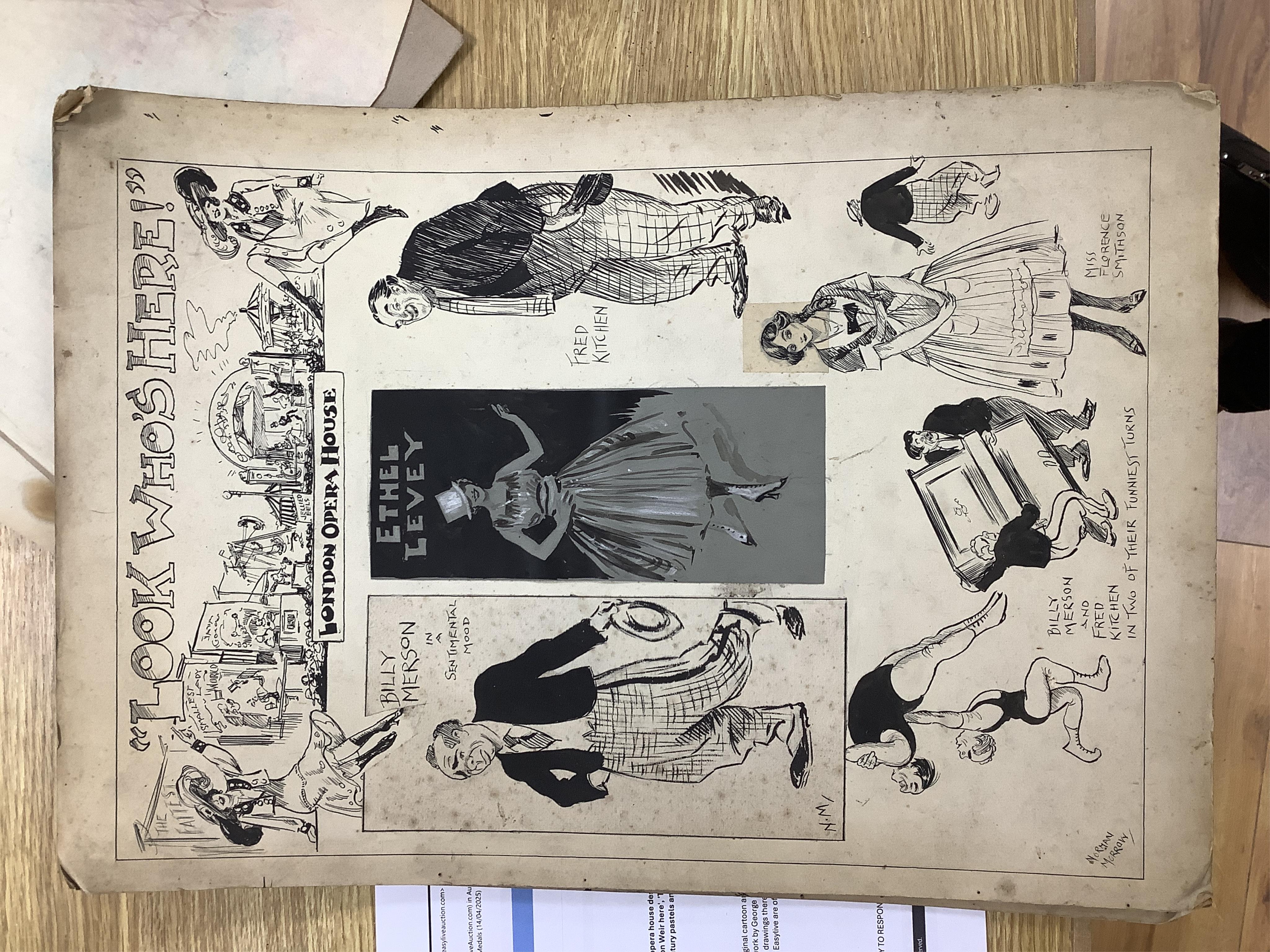 A folio of cartoons, caricatures, cartoons and opera house designs, mostly by Edwin Morrow (Irish) and Norman Morrow, to include 'Caution Weir here', 'The Sublime Good Deed' and 'Bluff at the Garrick', with a collection